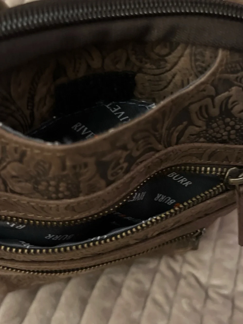 Rivet & Burr  Embossed Floral Brown Leather Concealed Carry Crossbody Bag